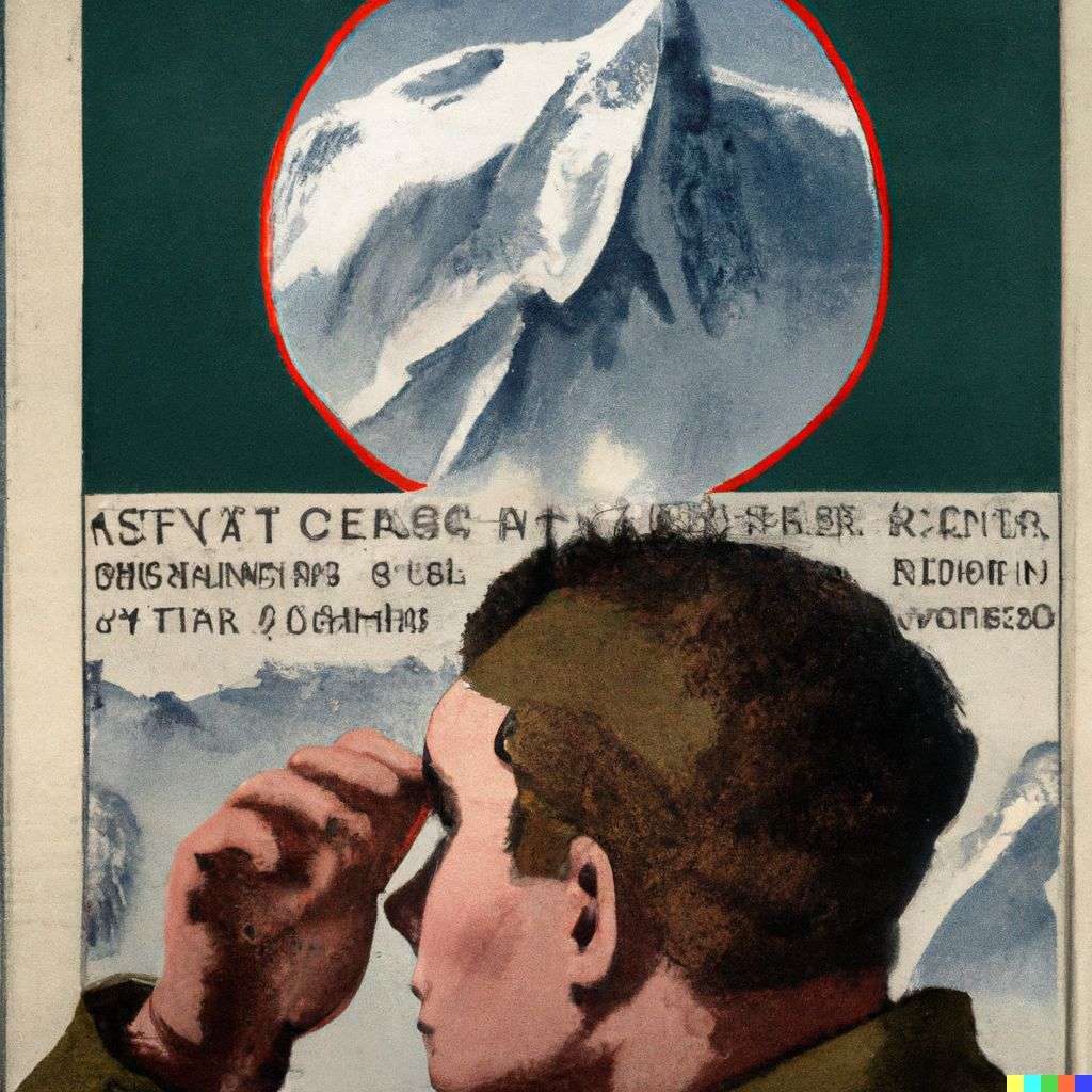someone gazing at Mount Everest, government information poster from World War 2